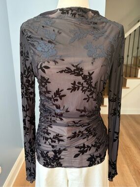 W.A.Y.F Black Floral Velvet Burnout Mesh Ruched Long Sleeve Top Size S